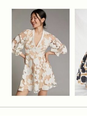 Anthropologie Beige and White Floral Eyelet V-Neck Mini Dress